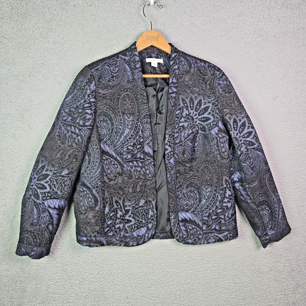 Coldwater Creek Black Periwinkle Tapestry Jacquard Open Blazer Jacket M